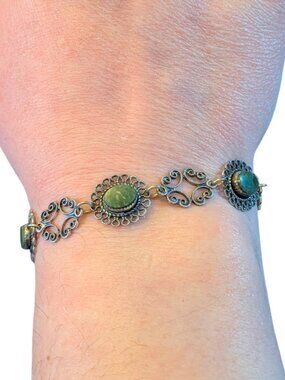 Vintage 1940s 925 Sterling Silver Agite Stone Size 6.75 Filigree Design Bracelet